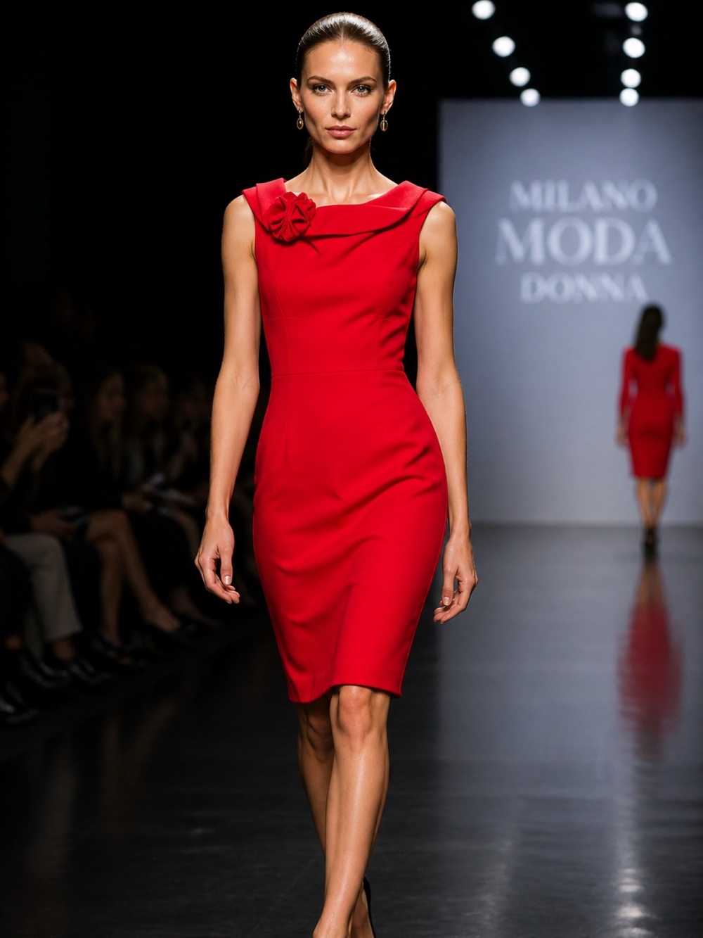 Calvin Klein Red Sleeveless Sheath Dress with Rosette Neck Detail